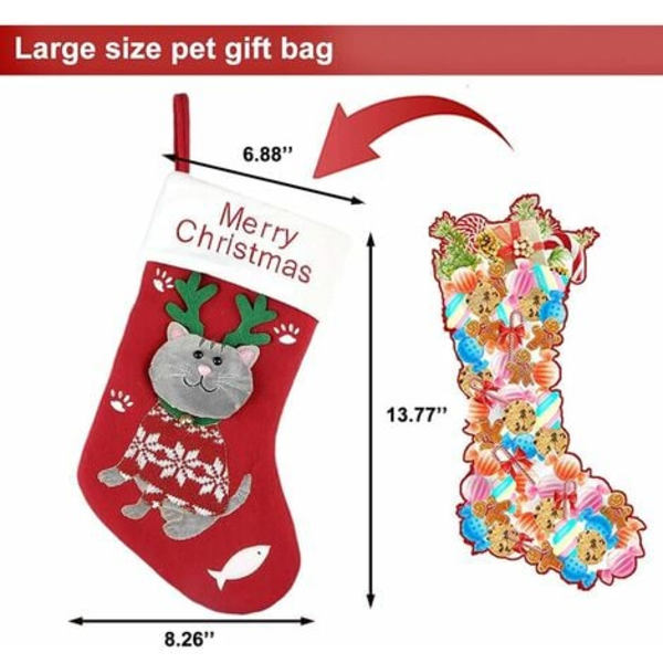 Pet Cat Julstrumpor 3D Stickad Röd Julstrumpa för katt, Xmas Öppen spis Hängande julstrumpa dekoration