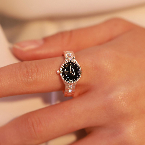 Watch Shape Rhinestone Alloy Pointer Round Dial Par Finger Ring För Cocktail Party Silver US 7