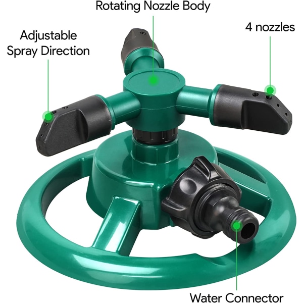 Trädgårdssprinkler, justerbar 360 graders roterande grässprinkler, stor yta