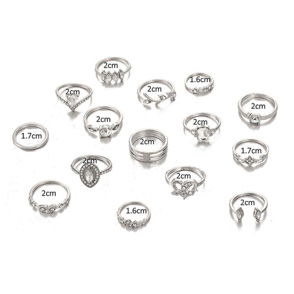 15 st/ set Boho Kvinnor Rhinestone Leaf Heart Geometrisk Finger Ring Smycken Present