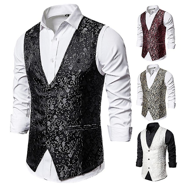 Enkelknäppt väst för män Slim Fit formell print väst XL Black