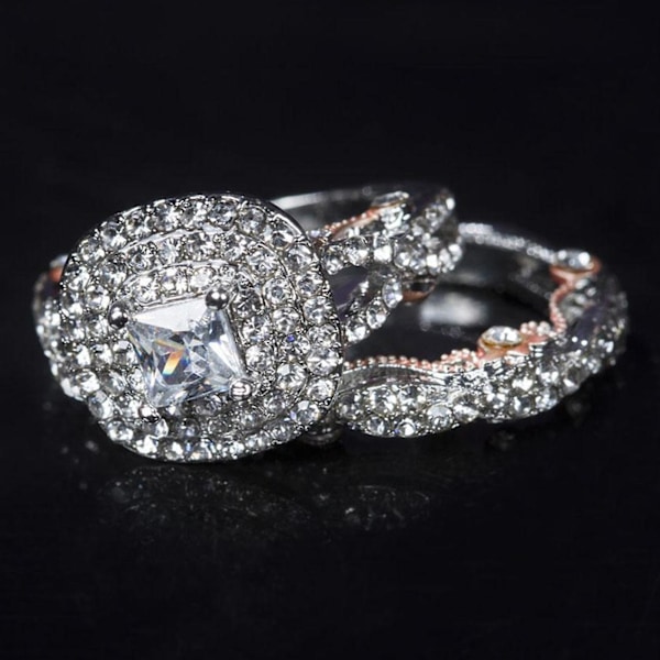 2st Fingerringar Fyrkantiga Rhinestone Dam Glittrande Galvanisering Prinsessringar För Bröllop US 9