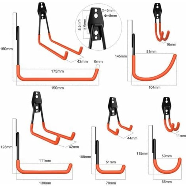 10 stk UJ værktøjsstativ kroge med skridsikker belægning, hjælpekroge Stål Dobbelt opbevaringsgarage til elværktøj, cykler, ladde
