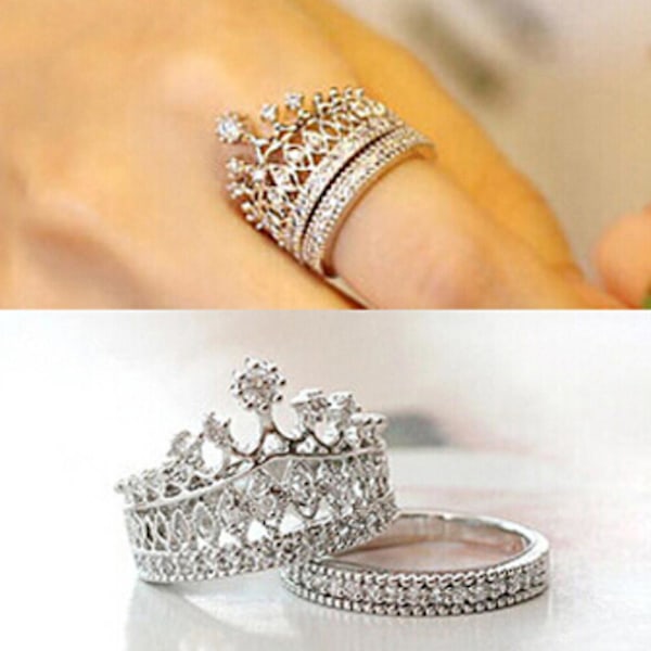 2 st Dammode Crown Tiara Ring Inlagd Helt Rhinestone Legering Smycken Present Gold CN18