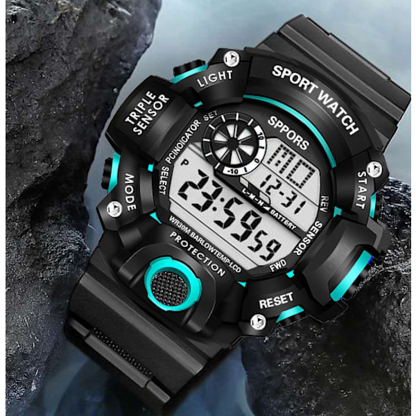 Djupt vattentät elektronisk watch sportljusande väckarklocka elektronisk watch (cyan),