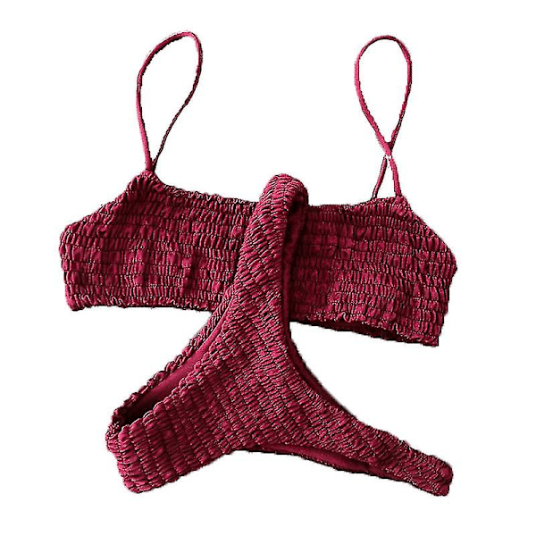 Kvinder Sommer Crinkle Bikini Sæt Plain Badetøj Badedragt Red M
