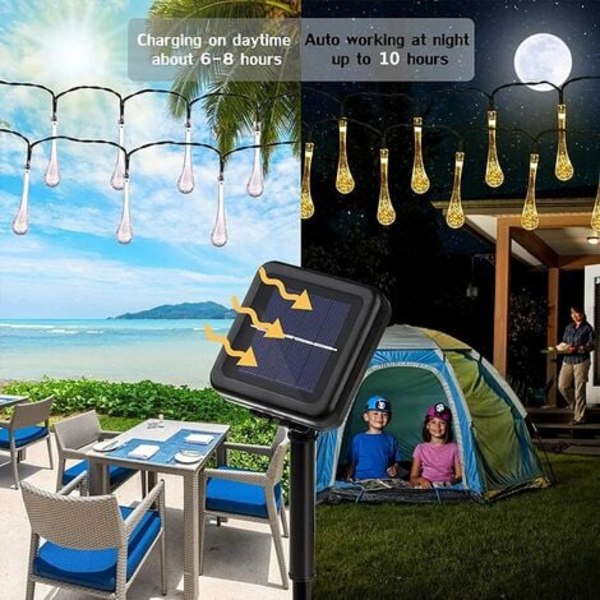 Aurinkoenergialla toimivat merkkijonovalot, 50 LEDiä 9,5 M aurinkovesipisaravalot ulko- ja sisäkäyttöön, joulujuhlat, patio (lämmin)