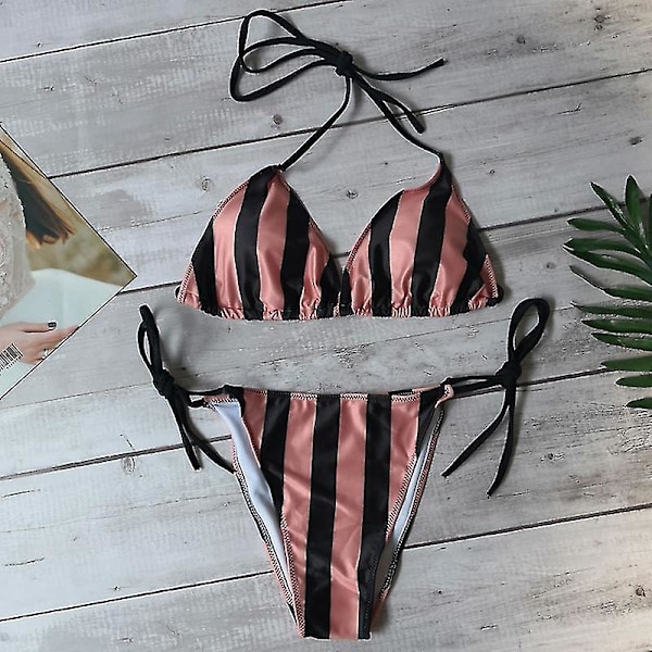 Kvinnor Sexig Bikinithong Set Vadderade Push Up Badkläder Striped Black Brown S