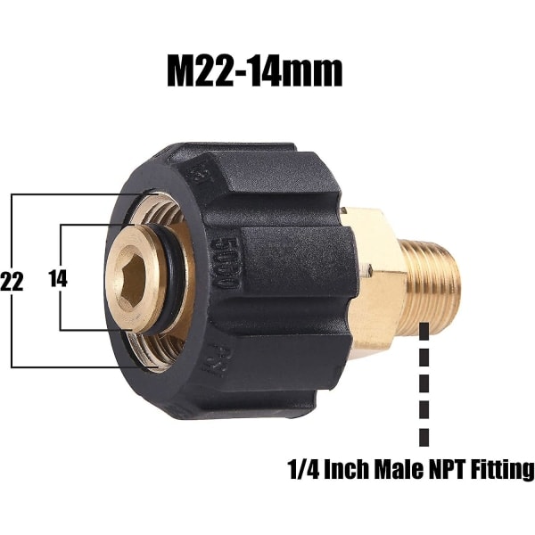 Adapter for høytrykksspyler, hunnmetrisk M22 til 1/4 tommers hann NPT-kobling, 5000 psi