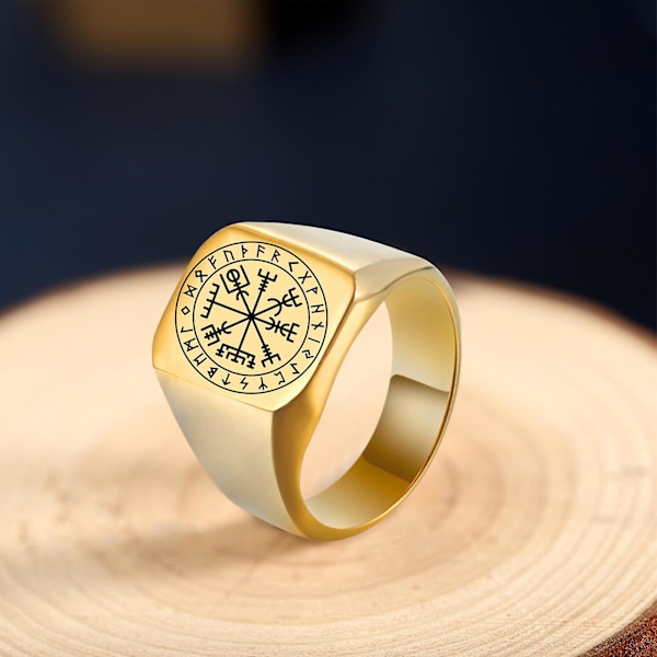Män Ring Rune Carving Titan Stål Punk Fyrkantig Finger Ring Födelsedagspresent Golden US 11