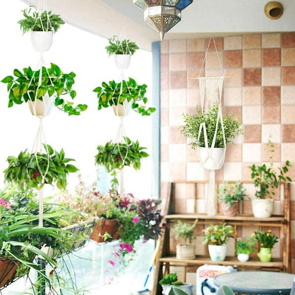 5-pack inomhusväxt makrame hängande blomkrukor + 5 krokar, handgjorda hängande växtställ, dekorativt blomkrukställ för Boho inomhus utomhusdekor (Variou