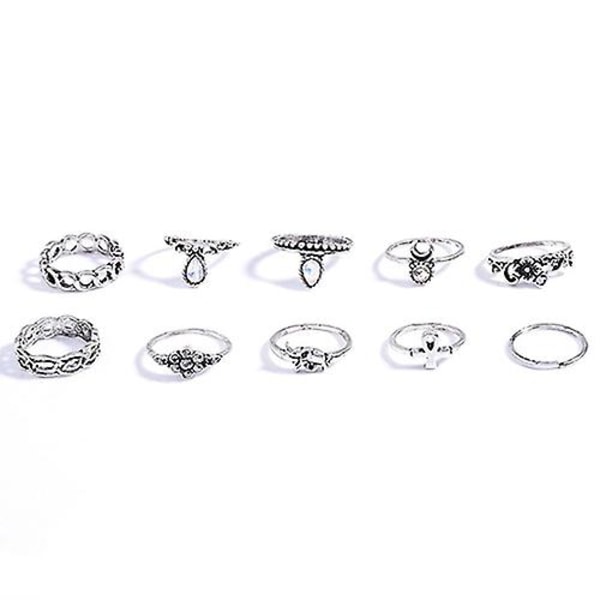 10st/ set Retro Boho Elephant Flower Moon Above Knuckle Midi Finger Ring Smycken Silver