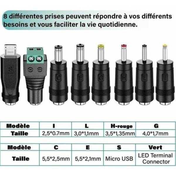 12 W:n universal AC-DC- power 3 V 4,5 V 5 V 6 V 7,5 V 9 V ja 12 V, 8 valittavissa olevaa sovitinliitintä, maks. 1000 mA,