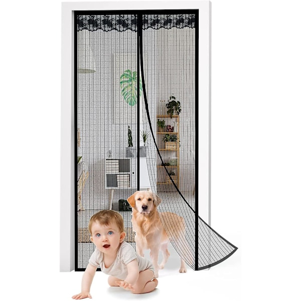 Svart magnetisk skjermdør, magnetisk skjermdør, selvklebende nettinggardin, ultrafin mesh, automatisk lukket, enkel verktøyfri installasjon
