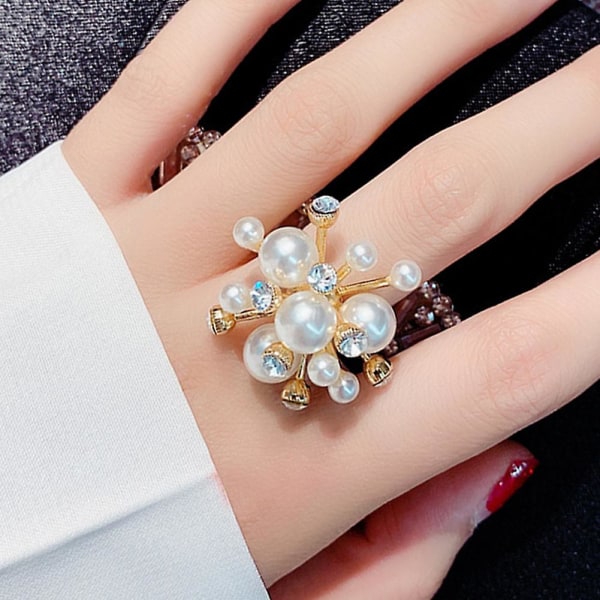 Snöflinga Form Faux Pearl Rhinestone Inläggningar Kvinnor Öppna Ring Finger Smycken