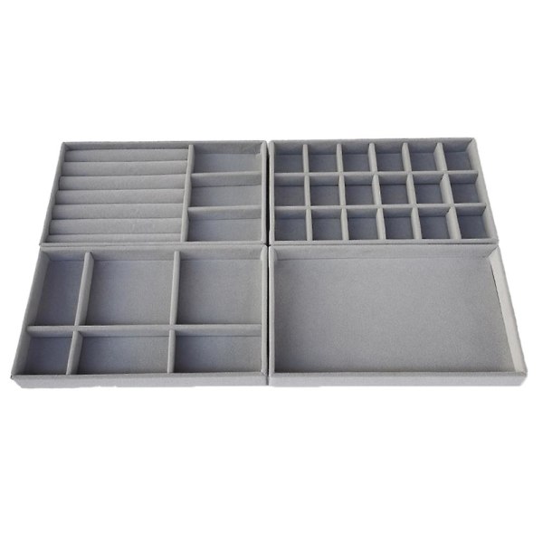 Firedelt smykkeskrin, smykkebakke med flocket stof Grey
