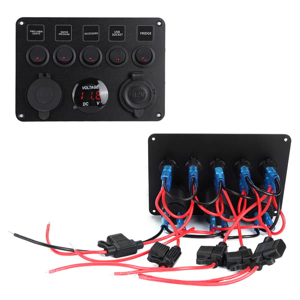 5-veis LED vippebryterpanel med digital voltmeter for bobil, bil, motorbåt