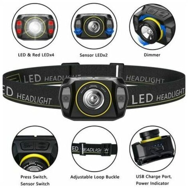 LED-forlygte, zoombar lyssensor USB genopladelig hovedlygte, kraftfulde vandtætte hovedlygter til camping, cykling,