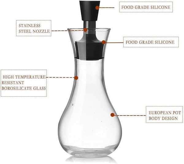 Silikonhetter for vanntett forsegling, elegant moderne olje- og eddikdispenser med dryppretursystem (250 ml)