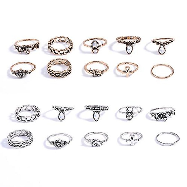 10 st Elephant Moon Flower Strass Dam Vintage Above Knuckle Midi Ring Set Antique Gold