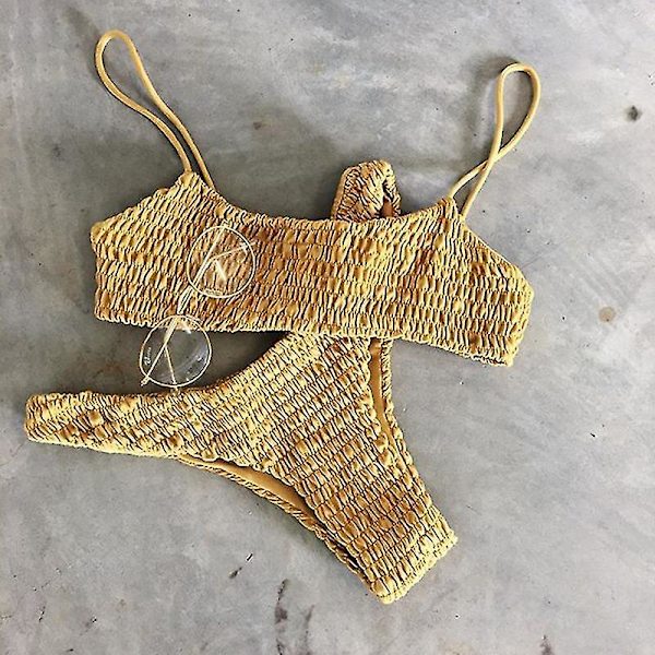 Kvinder Sommer Crinkle Bikini Sæt Plain Badetøj Badedragt Yellow M