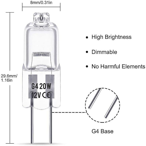 G4 halogen lyspærer, 12v 20w halogen pin base lampe, 2800k varm hvit, dimbar, G4 lavspennings halogen lampe, klar kapsel lampe, pakke med 10 56vingt