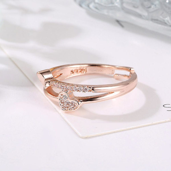 Kvinner mote Rhinestone innlagt dobbelt hjerte hule bånd åpningsring smykker Silver