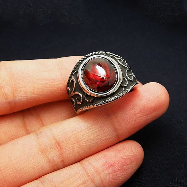 Vintage rustfritt stål gotiske ringer for menn og kvinner graverte blomster med rød granat naturstein fine smykker