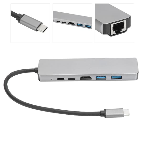 6-i-1 Type C Dockingstation med HDMI USB 3.1 RJ45 4K 87W PD Adapter
