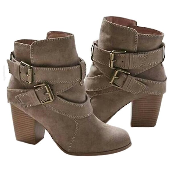 Kvinder spænde ankelstøvler Mid Block Heel Booties Sko Khaki 42