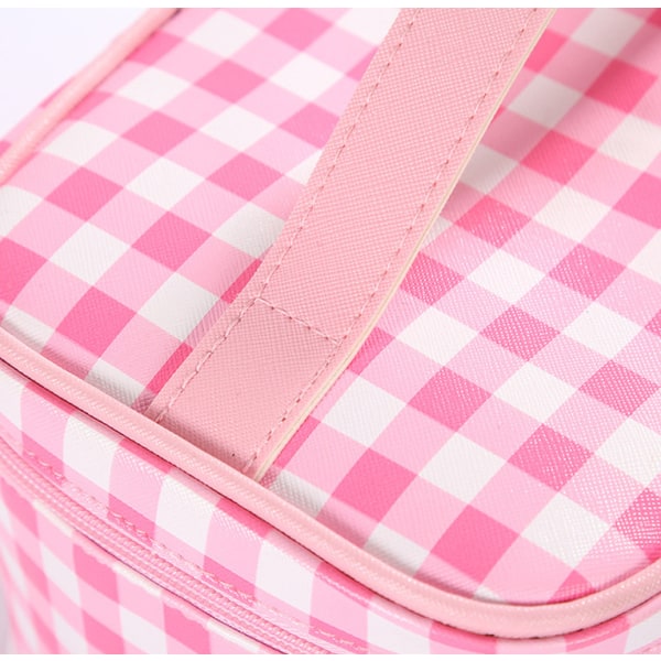 Plaid kosmetiktaske Stor kapacitet Bærbar rejseopbevaringstaske Bærbar Firkantet Bucket Wash Bag Pink