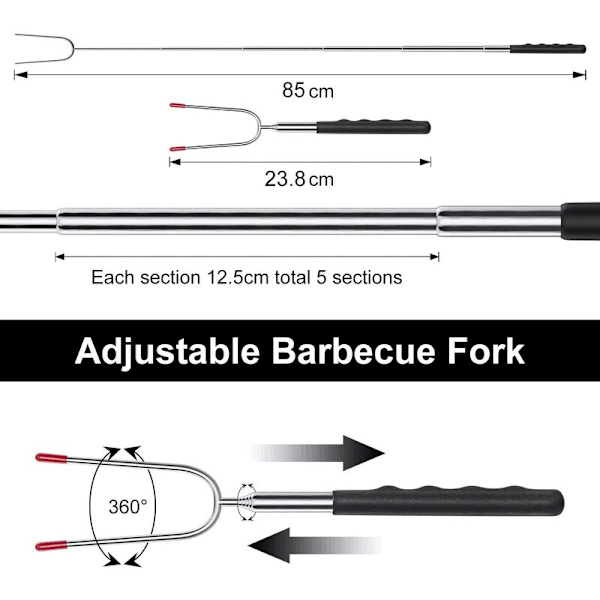Grillspyd, teleskopiske spydgafler for stekt marshmallow og pølse85 cm (5 stekegafler + enkelt stoffposedeksel)