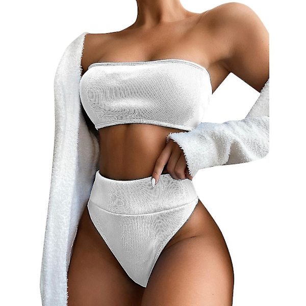 Dam Bandeau hög midja simdräkt Bikini Set Baddräkt White L