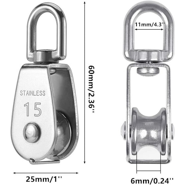 4 stykker M15 rustfritt stål enkel remskive anti-rust anti-korrosjon drivwire trinse wire tau,