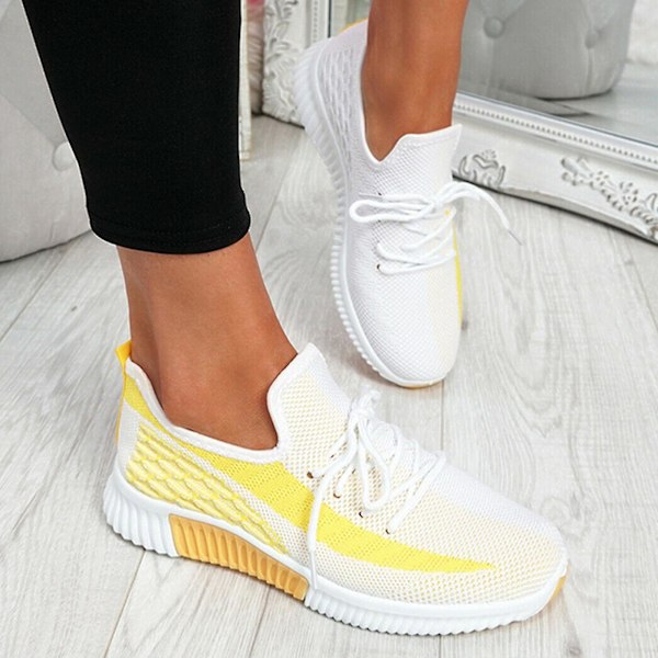 Kvinnor snörning Mesh Knit Trainers Sport Sneakers Skor Yellow 36