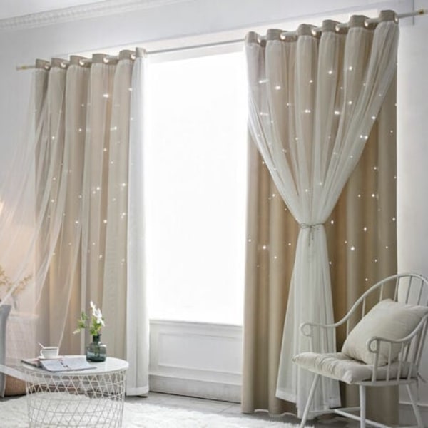 Stars Voile Mesh Mörkläggningsgardiner Sovrum Heminredning Khaki