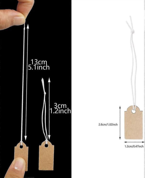 200 brune prislapper i kraftpapir med elastisk tråd - 26 x 12 mm - Perfekt for klær og smykkeutstilling