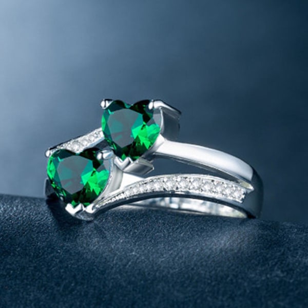Kvinder Ring Dobbelt Hjerte Glitrende Cubic Zirconia Mode Udseende Fingerbånd til fest Green US 9