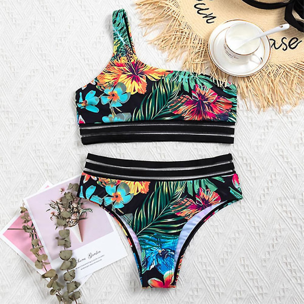 Print Badkläder Vadderat Bikini Set Beach Black Floral XL