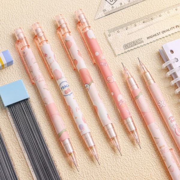 Peach automatisk blyant barneskoleelever høyverdi mekanisk blyant søt uslipbar presseblyant (tilfeldig blandet hår to pakker),