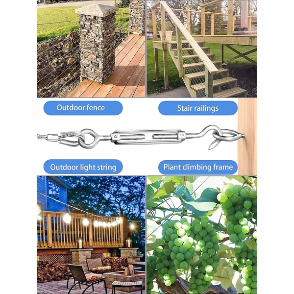 M4 rustfrit stålstrammer, 8 stykker 304 rustfrit stål krog- og øjestrammer, kabelstrammer/stålwirestrammer, Strammere til tøjsnor, C