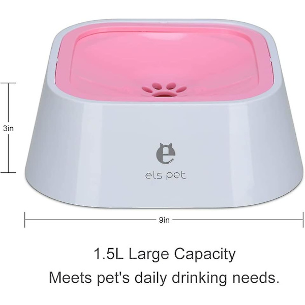 Flytande vattenskål för husdjur, 1,5 l, Slow Water Dispenser, Inget spill, Anti-overflow Anti-choke, Automatisk matningsskål för hundkattvalp (rosa)