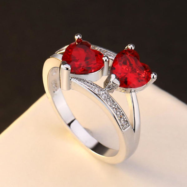 Dammode dubbel hjärtform Cubic Zirconia Inlagd Finger Ring Smycken Present Green US 8