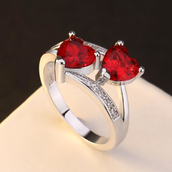 Dammode dubbel hjärtform Cubic Zirconia Inlagd Finger Ring Smycken Present Red US 10