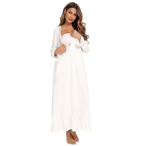 Viktoriansk nattkjole i bomull med lang ermet L White