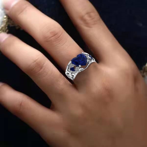 Kvinder ring hul ud hjerte smykker galvanisering mode udseende fingerring til bryllup Blue US 5