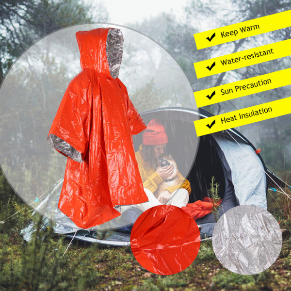 Emergency Blanket Poncho, lett varmereflekterende vanntett Emergency Survival Rain Poncho for utendørs aktivitetskamera