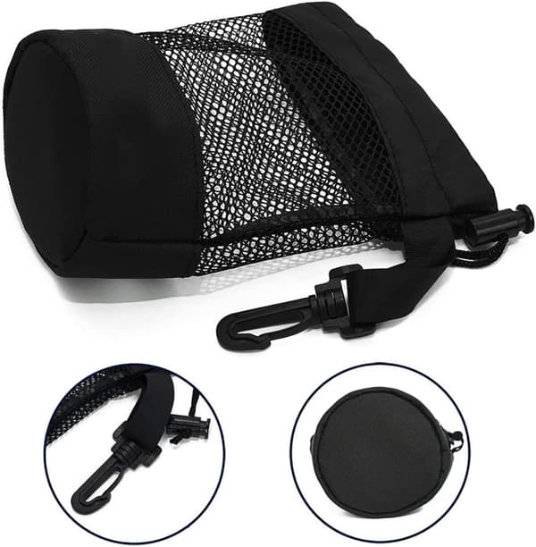 Mesh golfbold opbevaringspose, snørelukning i siden, kapacitet til 16 bolde, 16,5 x 14 cm.