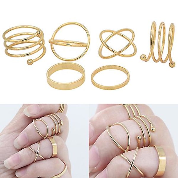 6st/ set Dam Golden Tone Stack Plain Slim Band Midi Ring Spiral Knuckle Rings US 6