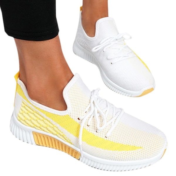 Kvinnor snörning Mesh Knit Trainers Sport Sneakers Skor Yellow 43